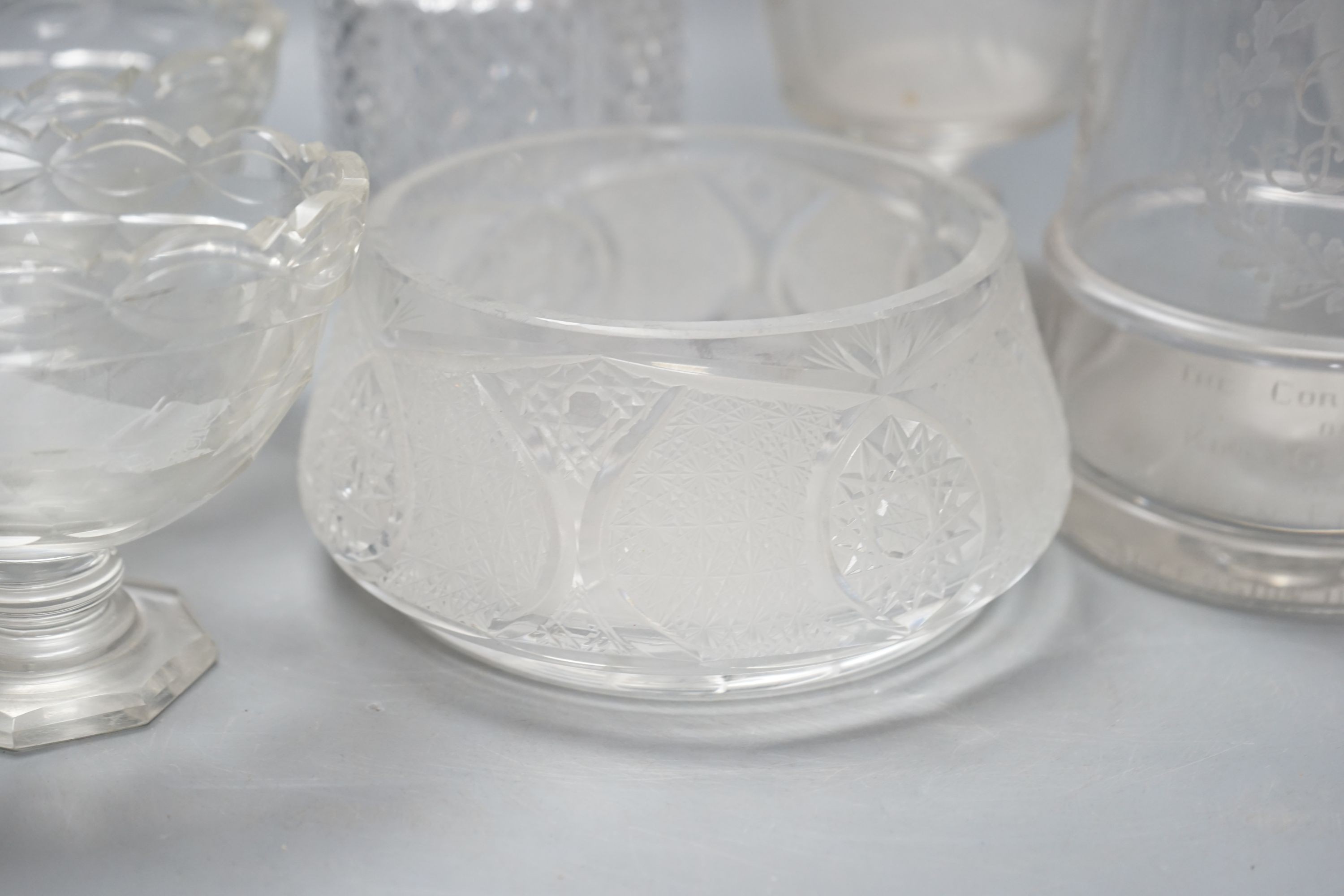 A 19th century large glass goblet engraved with a figure, other glassware to include a 1937 Coronation tankard